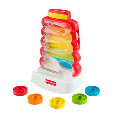 Fisher-Price Drop Through Rock-A-Stack tower with five colorful rings beside it