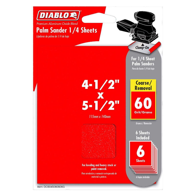 Load image into Gallery viewer, Diablo 5-1/2 in. L X 4-1/2 in. W 60 Grit Aluminum Oxide 1/4 Sheet Sandpaper 6 pk
