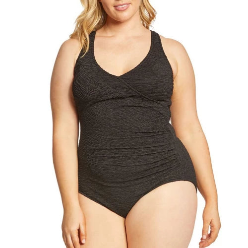 Mock Krinkle One Piece Swimsuit (Black) Size 24W