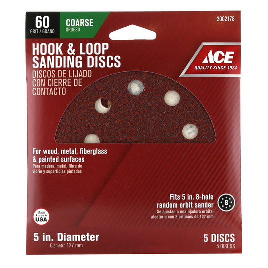 Ace 5 in. Aluminum Oxide Hook and Loop Sanding Disc 60 Grit Coarse 5 pk