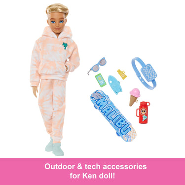 Ken doll shown with his accessories: sunglasses, belt bag, phone, sunscreen, ice cream, water bottle and skateboard