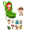 Toy Story 5 Small Stars green mystery backpack opened beside a Woody mini figure and the lineup of collectible minis
