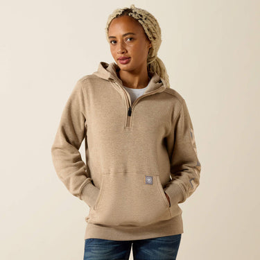 Ariat Rebar Lightweight Logo 1/2 Zip Hoodie (Oatmeal Heather/Whisper Pink) Size 1X