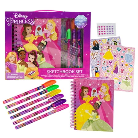 Disney Princess Journal Notebook Set - Includes 80 Sheets Sketchbook Gel Pens Stickers and Gems