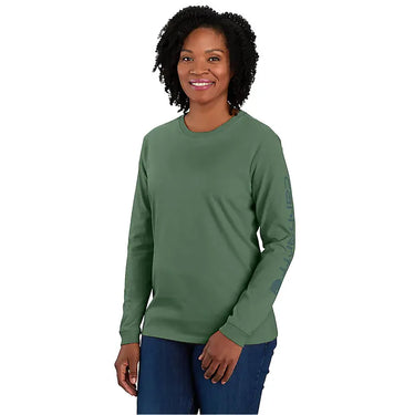 Carhartt Women's Loose Fit Heavyweight Long-Sleeve Logo Sleeve Graphic T-Shirt (Frosted Balsam) Size XXL
