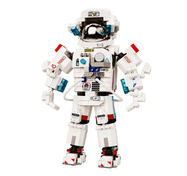 Built NASA astronaut spaceman figure made of white building blocks