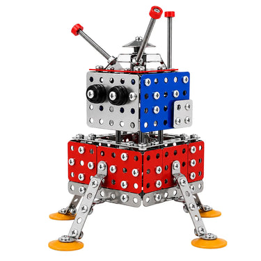 Assembled red, white and blue metal space explorer model on yellow feet