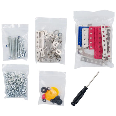 NASA Space Explorer Construction Kit contents: metal parts, screws and screwdriver