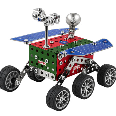 Assembled metal Mars rover model with solar panels and six wheels
