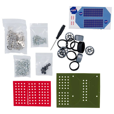 NASA Exploration Rover Kit contents: metal plates, screws, wheels and screwdriver
