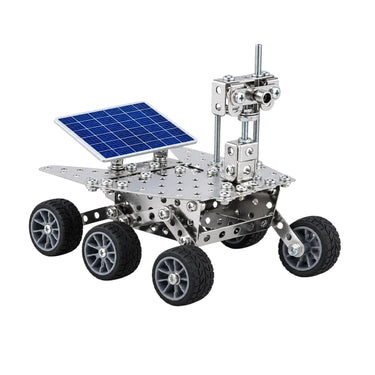 Assembled silver metal Mars rover model with blue solar panel and six wheels