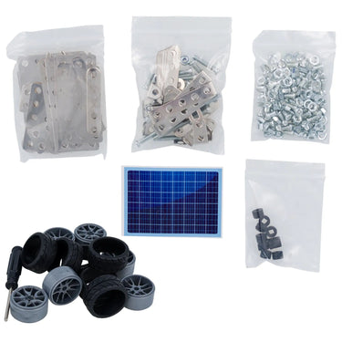 NASA Mars Rover Model Kit contents: metal parts, screws, wheels and solar panel