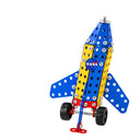 Assembled blue and yellow metal NASA rocket model on wheels