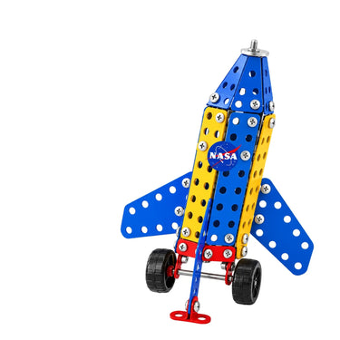 Assembled blue and yellow metal NASA rocket model on wheels