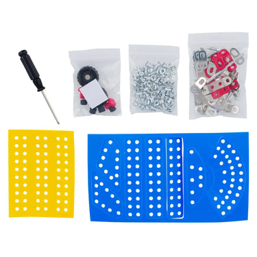 NASA Rocket Kit contents: metal plates, screws, wheels and screwdriver