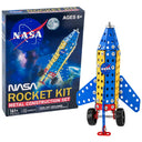 NASA Rocket Kit metal construction set box with the built blue and yellow rocket