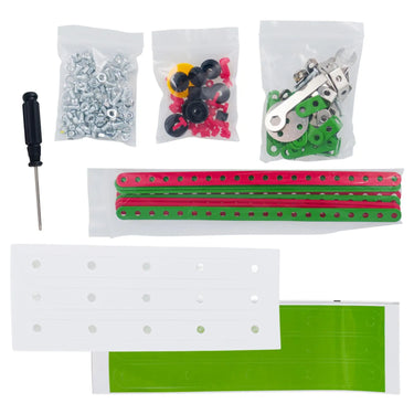 NASA rocket construction set contents: metal strips, plates, screws and screwdriver