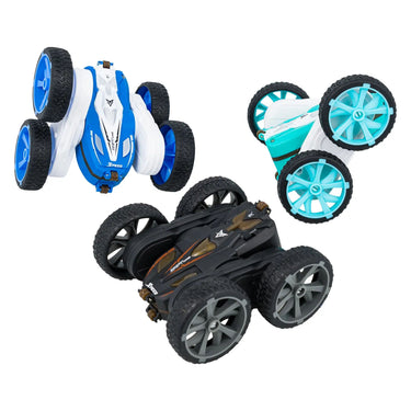 Three Fancy Stunt Car Pro RC cars in blue, teal and black