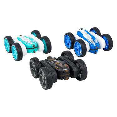 Fancy Stunt Car Pro RC cars in teal, blue and black, side view