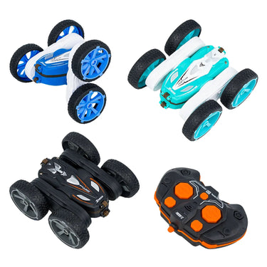 Fancy Stunt Car Pro RC cars in blue, teal and black with an orange and black remote