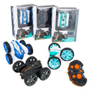 Fancy Stunt Car Pro RC cars in blue, teal and black with their boxes and an orange remote