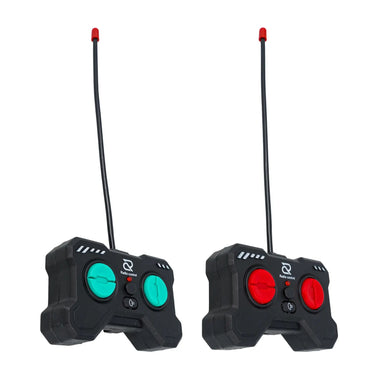 Two RC remote controllers in green and red