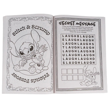 Inside pages showing a Stitch coloring page and a word search