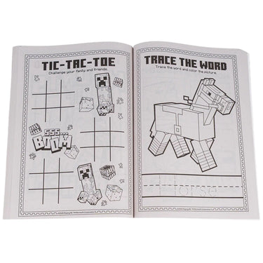 Inside pages showing Minecraft tic-tac-toe and a trace-the-shape activity