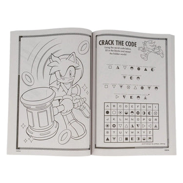 Inside pages showing a Sonic coloring page and a puzzle activity