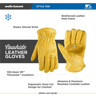Wells Lamont Men’s Cowhide Insulated Shirred Wrist (Yellow) Size XL