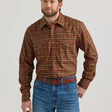 Wrangler 20X Men's Geo Print Snap Stretch Western Shirt (Brown) Size XL