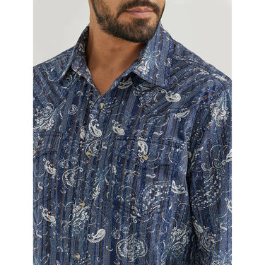 Wrangler Men's Retro Premium Western Snap Print Shirt (Indigo Paisley) Size L