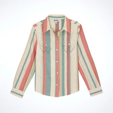 Wrangler Girl's Striped Western Snap Shirt (Coral/Teal) Size M