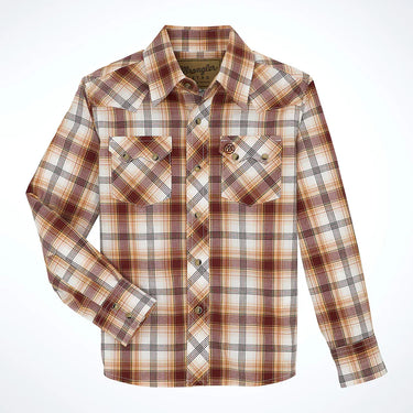 Wrangler Boy's Classic Retro Western Snap Shirt (Brown Plaid) Size S