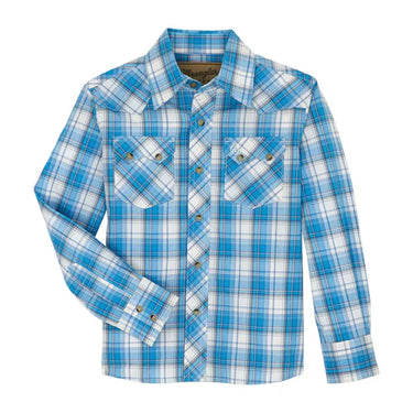Wrangler Boy's Retro Western Snap Shirt (Blue Plaid) Size S