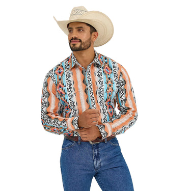Wrangler Men's Checotah Long-Sleeve Western Snap Printed Shirt (Orange) Size XL