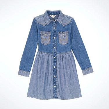 Wrangler Girl's Long Sleeve Western Denim Dress (Mid Denim) Size M