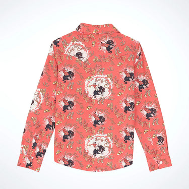 Wrangler Girl's Cowboy Horse Print Western Snap Shirt (Pink) Size M