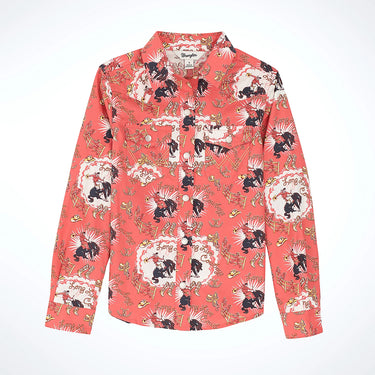 Wrangler Girl's Cowboy Horse Print Western Snap Shirt (Pink) Size M