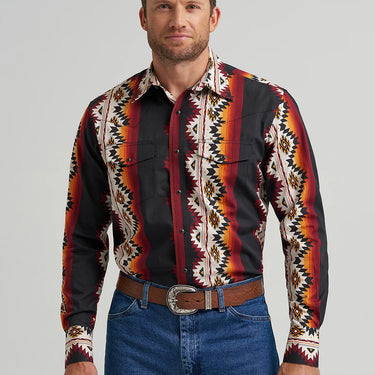 Wrangler Men's Checotah® Long Sleeve Western Snap Printed Shirt (Black Fire) Size L
