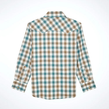 Wrangler Retro® Western Snap Plaid Shirt with Front Sawtooth Pockets (Sunset Blue) Size S