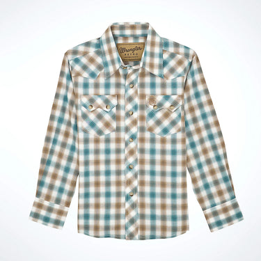 Wrangler Retro® Western Snap Plaid Shirt with Front Sawtooth Pockets (Sunset Blue) Size S