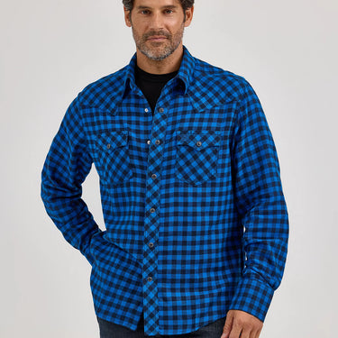 Wrangler Retro® Long Sleeve Flannel Western Snap Plaid Shirt (Buffalo Blue Check) Size XL