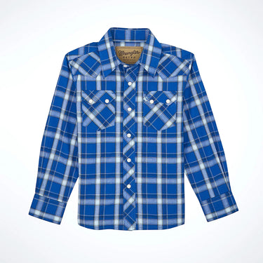 Wrangler Boy's Retro® Western Snap Plaid Shirt with Front Sawtooth Pockets (True Blue) Size XL