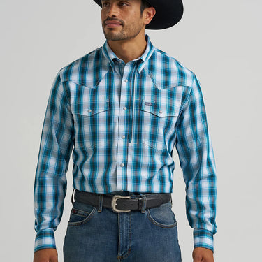 Wrangler Men's Performance Snap Long Sleeve Plaid Shirt (Teal Black) Size L