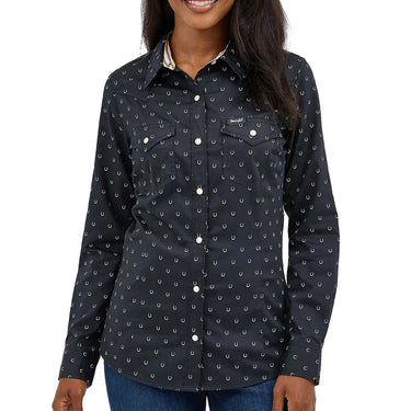 Wrangler Women’s All-Occasion Western Snap Shirt (Black Horseshoes) Size L