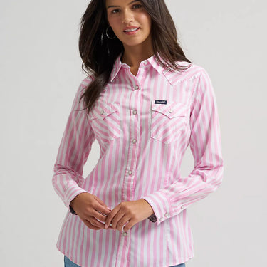 Wrangler Women's Olivia Western Slim Snap Shirt (Pink Stripes) Size