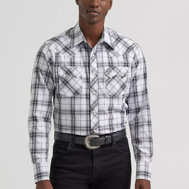 Wrangler Retro® Long Sleeve Sawtooth Snap Pocket Western Shirt (Black/White) Size L