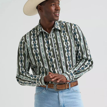 Wrangler Men's Checotah® Long Sleeve Western Snap Printed Shirt (Olivine) Size XL