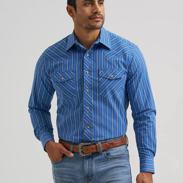 Wrangler Men's 20X® Competition Advanced Comfort Long Sleeve Two Pocket Western Snap Shirt (Riverstone Stripe) Size L
